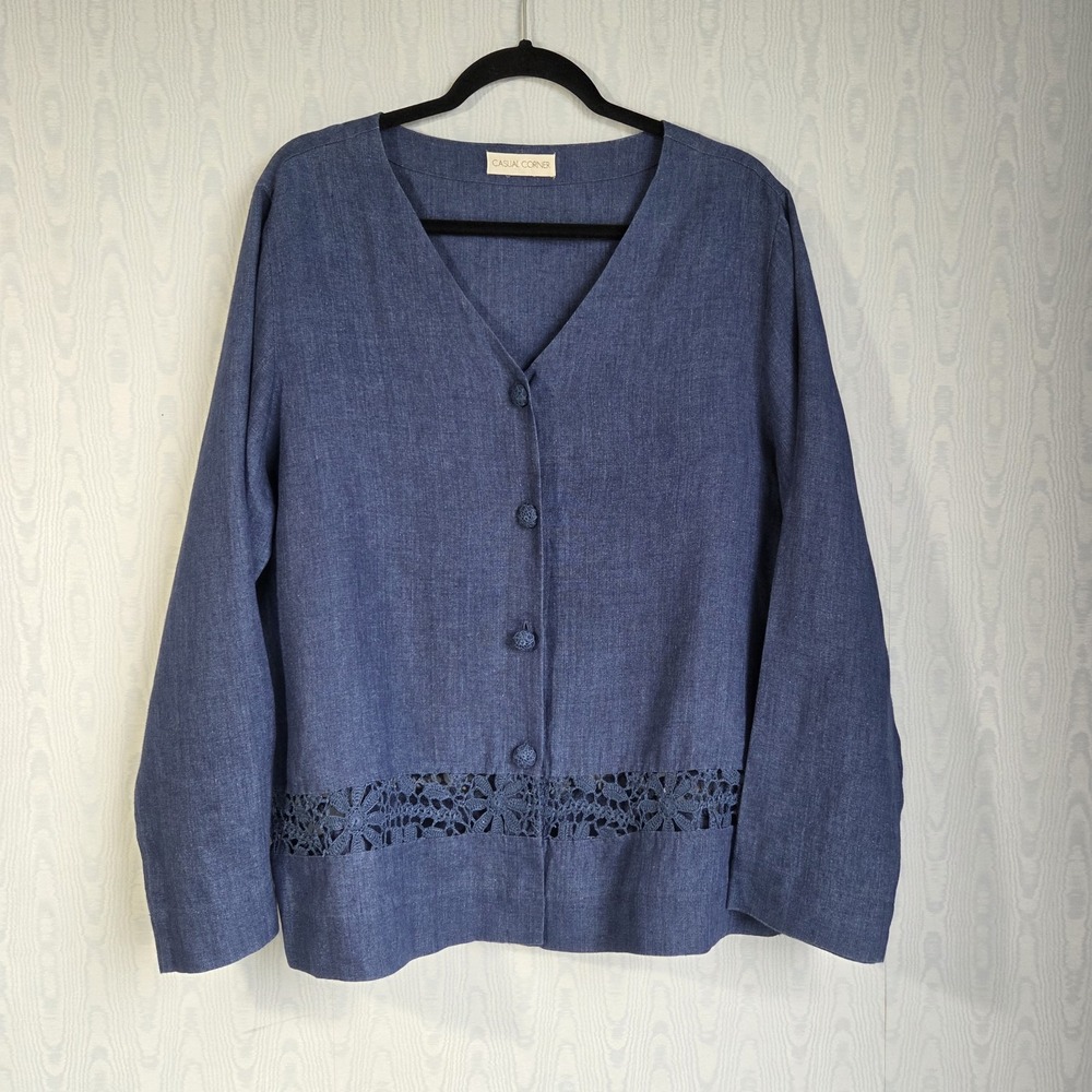 Vtg Casual Corner Top Womens XL 100% Linen Crochet Button Down Cottage Blue
